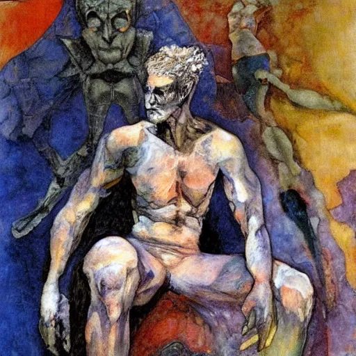 Prompt: comics sandman by Neil Gaiman, Vrubel The Demon Seated, by Mikhail Vrubel, oil painting, art gallery, art museum, small details, whole-length