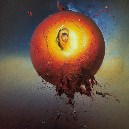 Image similar to a sphere being devoured by abstract splatters of paint in the style of francis bacon, venus being engulfed in flames in the style of james jean, surreal, beksinski, high detailed