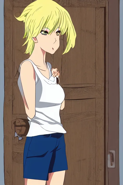 Prompt: anime style cel shaded portrait of a blonde woman, 40 years old, down left arm and back, wearing a vest top, white shorts and hiking boots, stood in sunshine in front of a door