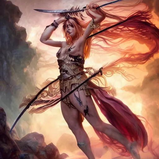 Prompt: incredibly beautiful and savage barbarian sorceress, casting a powerful spell, holding a rare magical two handed broad sword, bright magical aura surrounding body, cinematic, stunning, hyper realistic, ultra detailed, digital painting, masterpiece on artstation, soft focus, mystical lighting, mystical colors, full body shot, illustration, art by artgerm and greg rutkowski and alphonse mucha