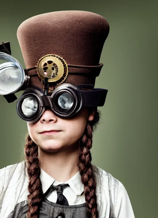 Image similar to closeup portrait of a steampunk greta thunberg wearing a top hat and goggles, depth of field, zeiss lens, detailed, symmetrical, centered, fashion photoshoot, by Annie Leibovitz and Steve McCurry, David Lazar, Jimmy Nelsson, Breathtaking, 8k resolution, extremely detailed, beautiful, establishing shot, artistic, hyperrealistic, beautiful face, octane render