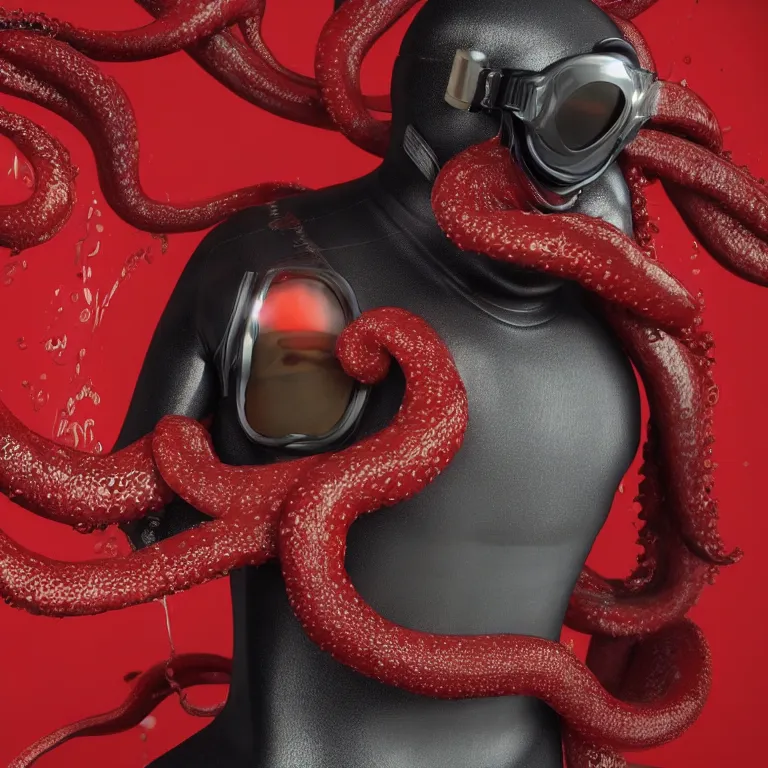 Image similar to octane render portrait by wayne barlow and carlo crivelli and glenn fabry, subject is a man in a wet suit with goggles with giant open mouth full of long red octopus tentacles, cinema 4 d, ray traced lighting, very short depth of field, bokeh