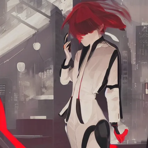 Image similar to luxury advertisement, white and red colors. highly detailed post-cyberpunk sci-fi close-up schoolirl in asian city in style of cytus and deemo, mysterious vibes, by Ilya Kuvshinov, by Greg Tocchini, nier:automata, set in half-life 2, beautiful with eerie vibes, very inspirational, very stylish, surrealistic, perfect digital art, mystical journey in strange world, bastion game