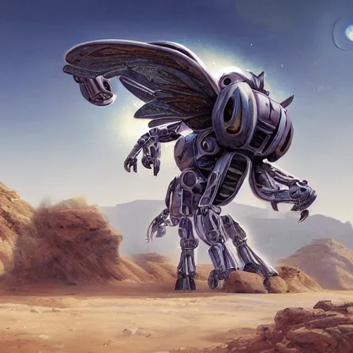 Image similar to giant horsefly robot monster attacking a silver school bus in the desert, ultra detailed, 8 k, greg rutkowski, artgerm, trending on artstation, award - winning art,