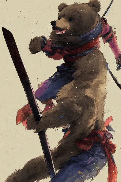 Prompt: key anime visuals rendering of a bear dressed as a ninja fighting with a katana. colorful design. higly detailed, intricate, greg rutkowski, directed by makoto shinkai, anime manga style, trending on art station.