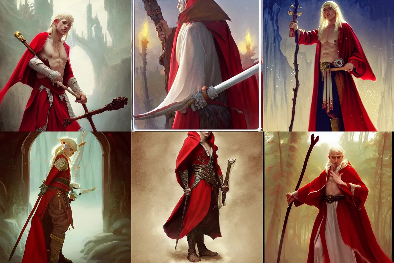 Prompt: “a white male elf wearing a red robe and holding a staff, D&D, fantasy, intricate, cinematic lighting, highly detailed, digital painting, artstation, concept art, smooth, sharp focus, illustration, art by Artgerm and Greg Rutkowski and Alphonse Mucha”