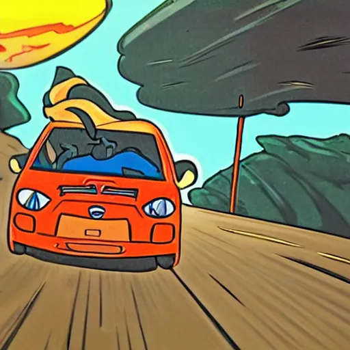 Image similar to scooby doo professionally driving inside a nissan pulsar through windy roads in the hills, drawn anime style