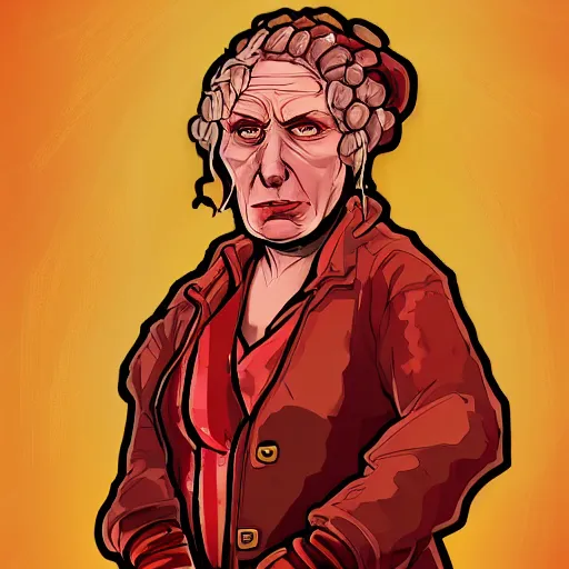 Image similar to An old lady with red skin, red skin, red skinned, in the style of Disco Elysium, Disco Elysium, Disco Elysium artwork