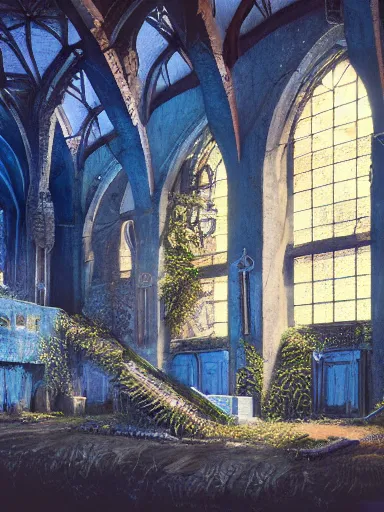 Image similar to interior of an overgrown church, blue color palette, concept art, detailed, intricate complexity, artstation