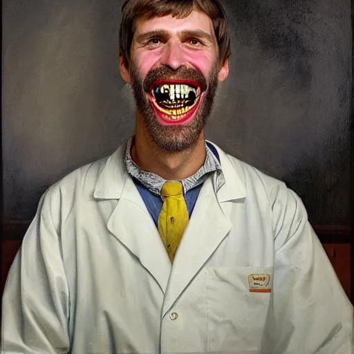 Prompt: dentist portrait of a dentist with large, giant teeth, rotten teeth, yellow, broken, cavities, moldy by Mark Brooks and Dod Procter