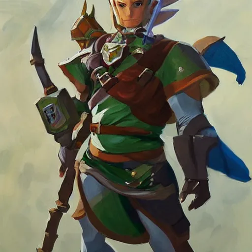 Image similar to greg manchess portrait painting of armored link from legend of zelda as overwatch character, medium shot, asymmetrical, profile picture, organic painting, sunny day, matte painting, bold shapes, hard edges, street art, trending on artstation, by huang guangjian and gil elvgren and sachin teng