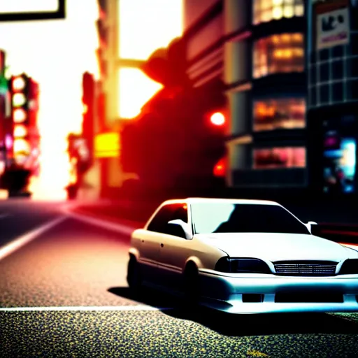 Prompt: a car drifting JZX100 in middle of road, shibuya prefecture, city sunset, cinematic color, photorealistic, highly detailed, bokeh, DOF, octane render