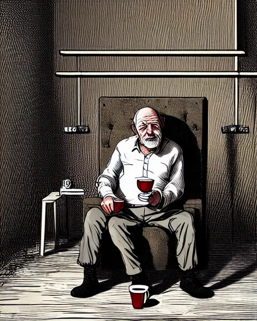 Image similar to old man sat eating cake and drinking a cup of tea in a large comfy chair in a padded cell, ultra realistic, concept art, intricate details, highly detailed