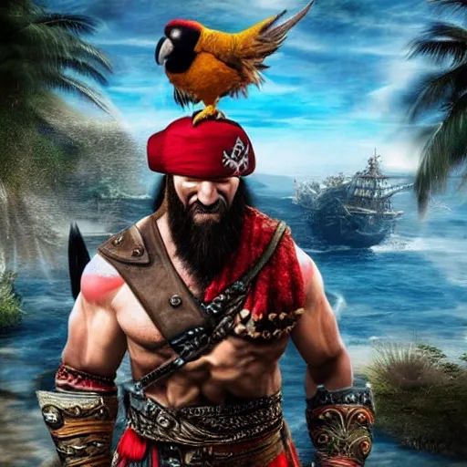 Prompt: kratos with pirate hat and parrot on his shoulders