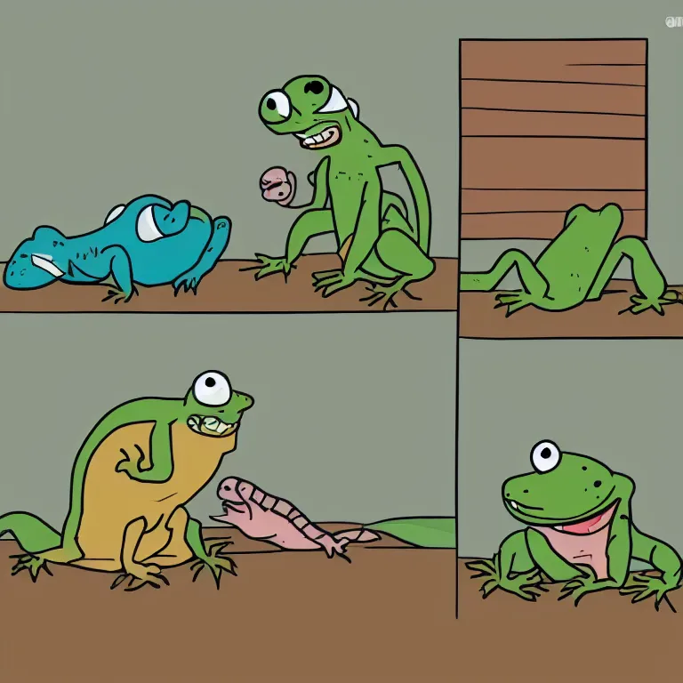 Image similar to a lizard sitting in a corner crying while being bullied by other animals, cartoon style