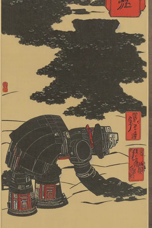 Image similar to Japanese woodblock print of r2d2, hokusai