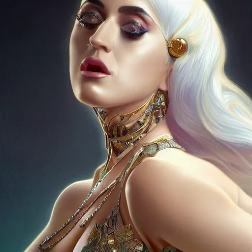 Image similar to full figure ultra realistic illustration, katy perry as lady gaga, intricate, elegant, highly detailed, digital painting, artstation, concept art, smooth, sharp focus, illustration, art by artgerm and greg rutkowski and alphonse mucha