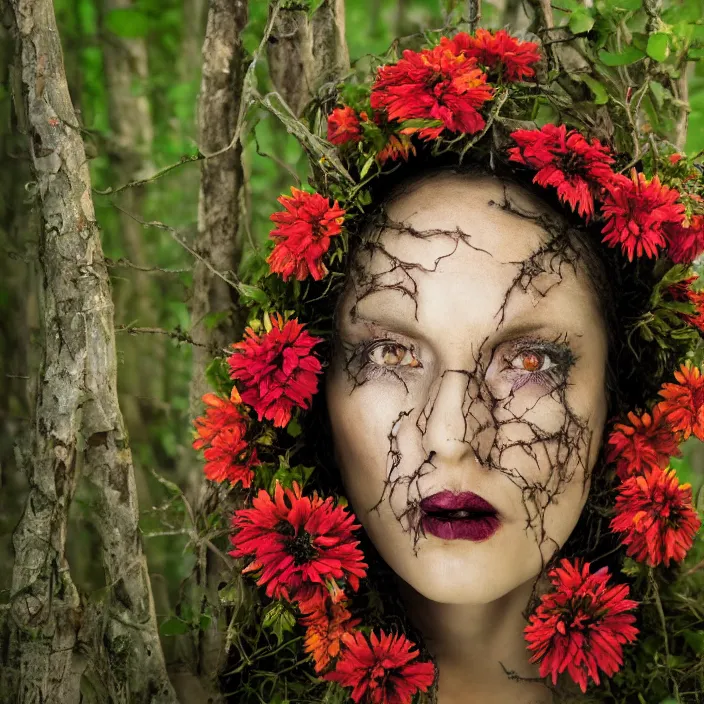 Prompt: closeup portrait of a woman wearing a hooded cloak made of zinnias and barbed wire, in a dark forest, by David LaChapelle, natural light, detailed face, CANON Eos C300, ƒ1.8, 35mm, 8K, medium-format print