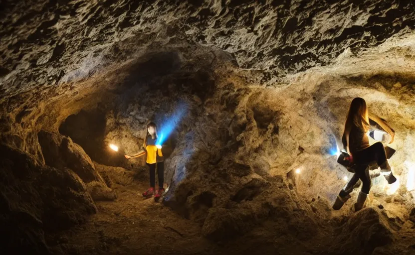 Image similar to girl with a flashlight illuminating a cave with majestic, flying creatures inside