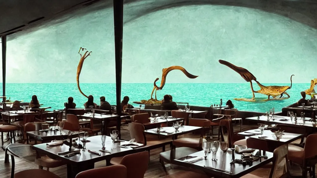 Prompt: restaurant, made of water, film still from the movie directed by Denis Villeneuve with art direction by Salvador Dalí, wide lens