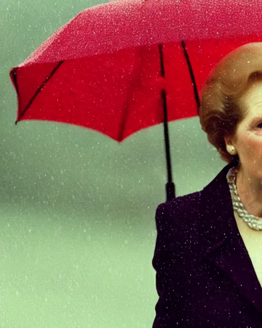 Prompt: margaret thatcher drenched in torrential rainstorm, full body, atmospheric moody hyper realistic award winning color cinematic still 8 k