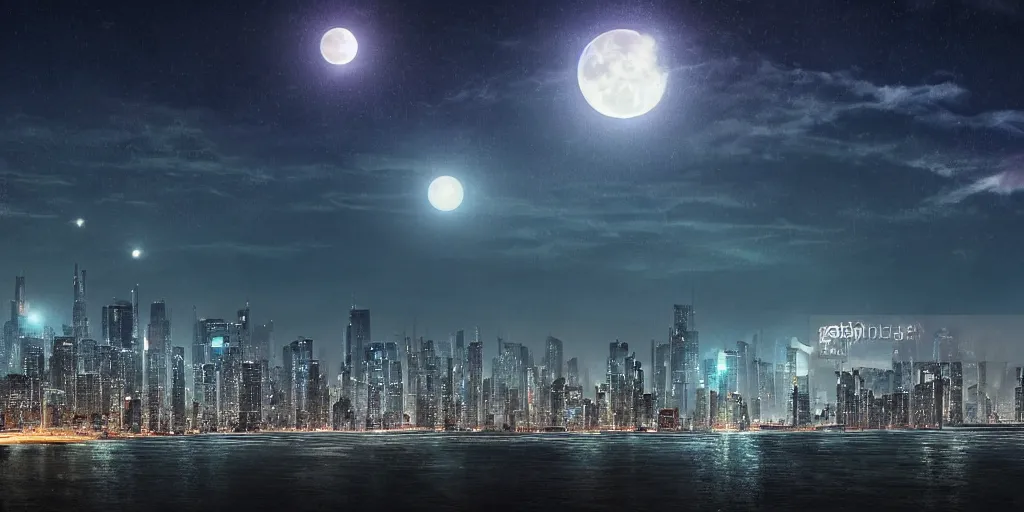 Prompt: a high detail photograph night time at a beach, cyberpunk city at night in the distance, two moons in the sky, realism, 8 k, award winning photograph