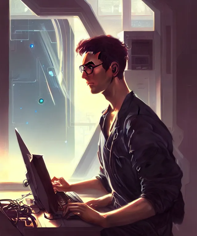 Image similar to Hacker man hacks computer, highly detailed, digital painting, artstation, concept art, smooth, sharp focus, illustration, art by artgerm and greg rutkowski and alphonse mucha