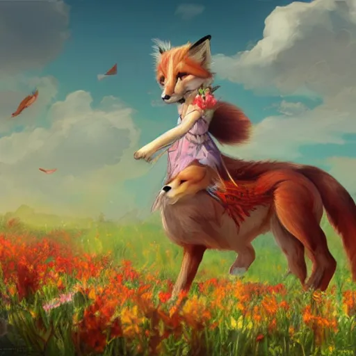 Prompt: girl riding a giant fox in a field of flowers, trending on artstation