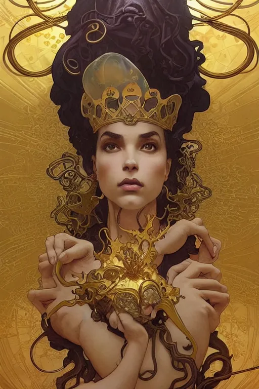 Image similar to Prince , a golden crown floating above his head, tentacles coming out the ground art by Artgerm and Greg Rutkowski and Alphonse Mucha and Craig Mullins and James Jean and Andrei Riabovitchev and Marc Simonetti and peter mohrbacher, sharp focus, ominous, cosmic horror, trending on artstation, Ultra detailed, hyper realistic 4k