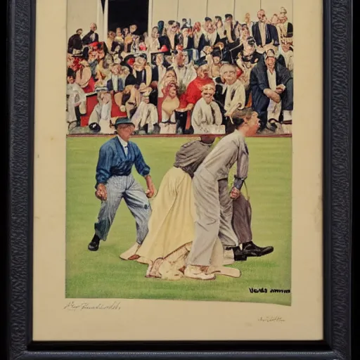 Image similar to 1946 baseball game, small town America, women in suits, women players, drawn by Norman Rockwell