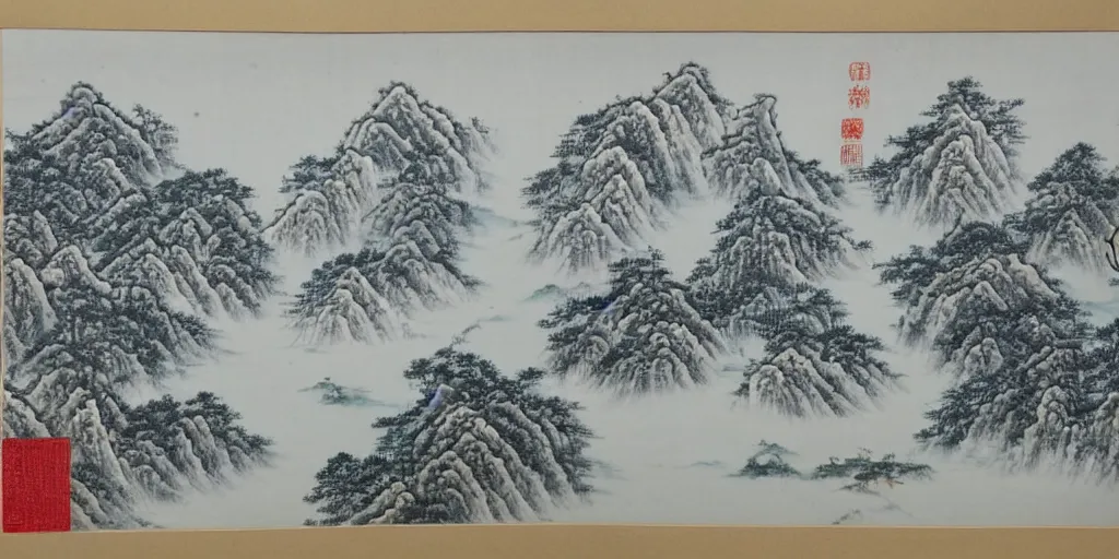 Prompt: A traditional Chinese painting of the Laurentian winter and boreal forests.