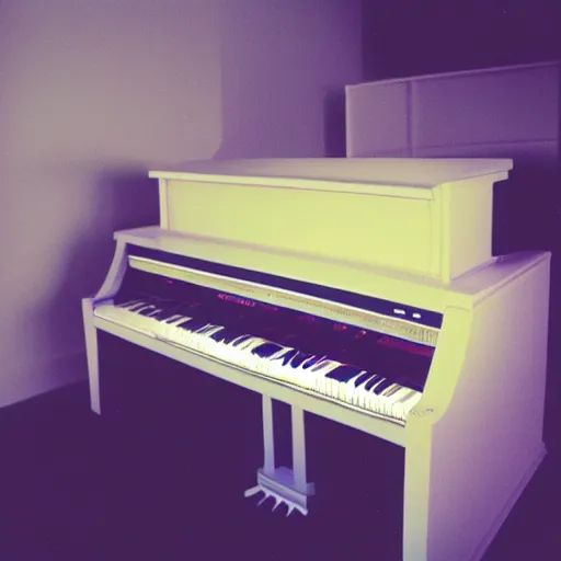 Prompt: a Polaroid photo of a transparent perspex piano, beams of light, nostalgic