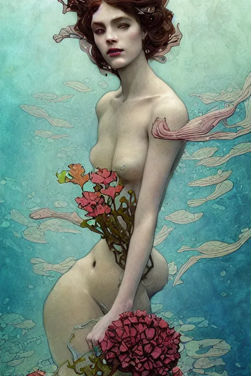 Image similar to portrait of a beautiful mysterious woman underwater, hidden hands holding a bouquet of flowers, corals and fish, by eve ventrue, michael carson, andreas rochas, john watkiss, casey weldon, artgerm. art nouveau. tarot card by mucha. gloomhaven. swirly intricate linework background. gaudy colors, sharp edges. octane render