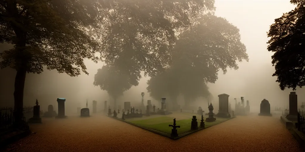 Image similar to highgate cemetary, fog, rain, volumetric lighting, beautiful, golden hour, sharp focus, ultra detailed, cgsociety