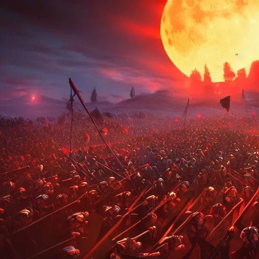 Image similar to epic battlefield of thousands of smurfs with medieval weapons battling, red moon shining golden red light hidden behind clouds, miniaturecore, supremely digital, medieval, unreal engine, super detailed, outstanding detail, dreamlike lighting, surrealistic lighting, god rays