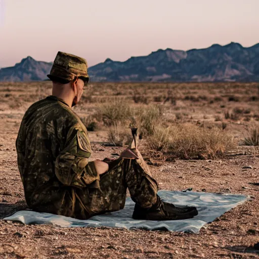 Prompt: portrait of a man wearing camuflage, army clothing, he ‘ s sitting in the desert eating some delicious crayons, beautiful composition, 5 0 mm f 1. 8, ambient light