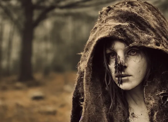 Prompt: character and environment photography, portrait 2 0 - year - old ancient female druid, tattered hood and robe, infested bear standing, medium shot, wide angle, 2 0 0 px, low key
