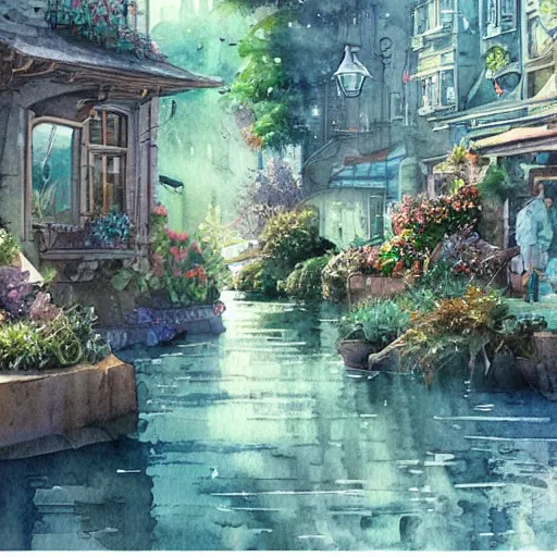 Prompt: Beautiful happy picturesque charming sci-fi town in harmony with nature. Beautiful light. Water and plants. Nice colour scheme, soft warm colour. Beautiful detailed artistic watercolor by Vincent Bons. (2022)