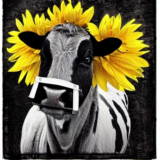 Image similar to a southern belle cow with a black and white bow on head, sunflower background, 4k, rustic colors, country style