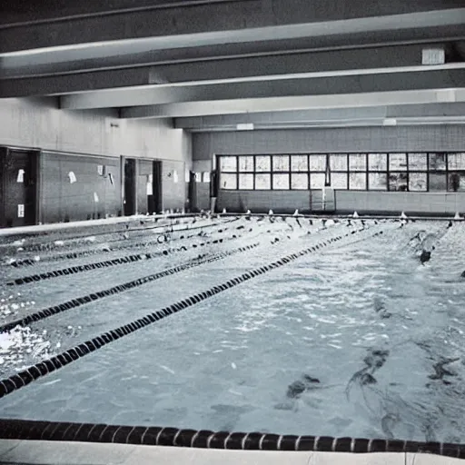 Image similar to A photograph of a YMCA swimming pool, poor quality, nostalgic, liminal space