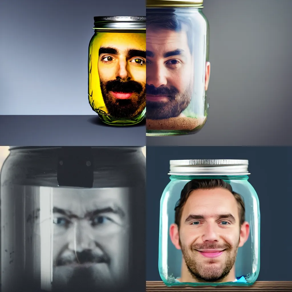 Prompt: A giant\'s face peers at a man standing inside of a mason jar, matte photo.