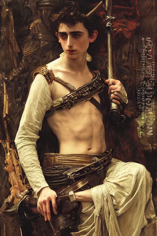 Prompt: timothee chalamet as a bandit king, god of the forge by edgar maxence and caravaggio and michael whelan and delacroix