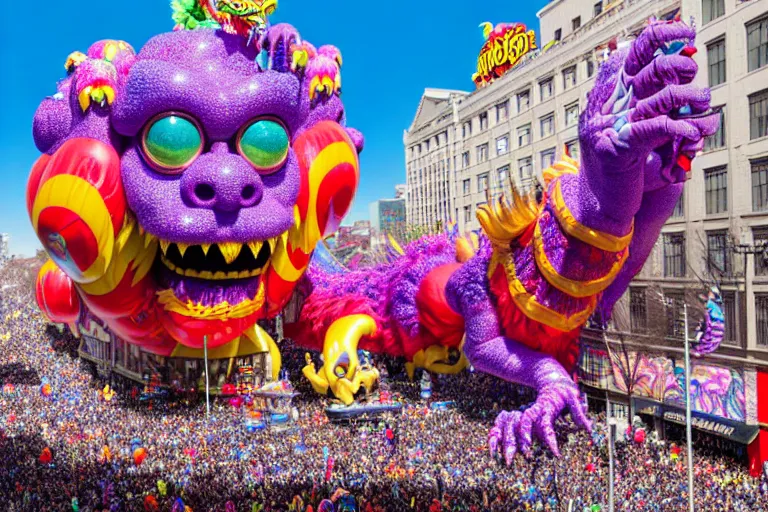 Image similar to photo of giant beautiful elaborate parade float monster designed by lisa frank and geof darrow, in the macys parade, detailed 4 k photo, gigapixel, hyperdetailed