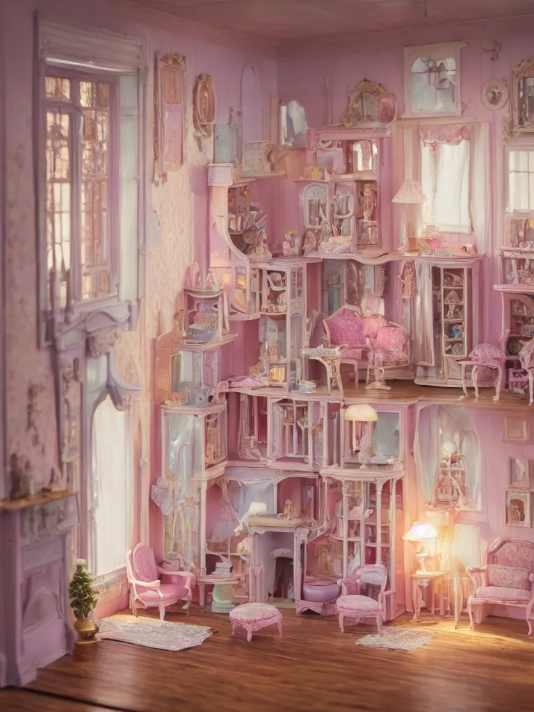 Image similar to hyperrealistic, highly detailed rendering, one source of light, interior of a victorian doll house, polly pocket, cute, strange, pastel tones, victorian furnitures, low natural light, volumetric light windows, oak wood floor, luxe, 8 k, ultra wide angle