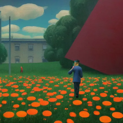 Image similar to puzzle pieces rain from the sky at a field of flowers. Masterpiece, Edward Hopper and James Gilleard, Zdzislaw Beksinski, Mark Ryden, Wolfgang Lettl, hints of Yayoi Kasuma, octane render, 8k.