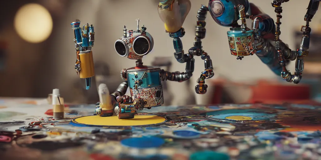 Image similar to closeup portrait of tin toy retro robot painter mixing gouache on white paper table in an artist workshop, depth of field, zeiss lens, detailed, centered, fashion photoshoot, by nicoletta ceccoli, mark ryden, lostfish, breathtaking, 8 k resolution, extremely detailed, beautiful, establishing shot, artistic, hyperrealistic, octane render