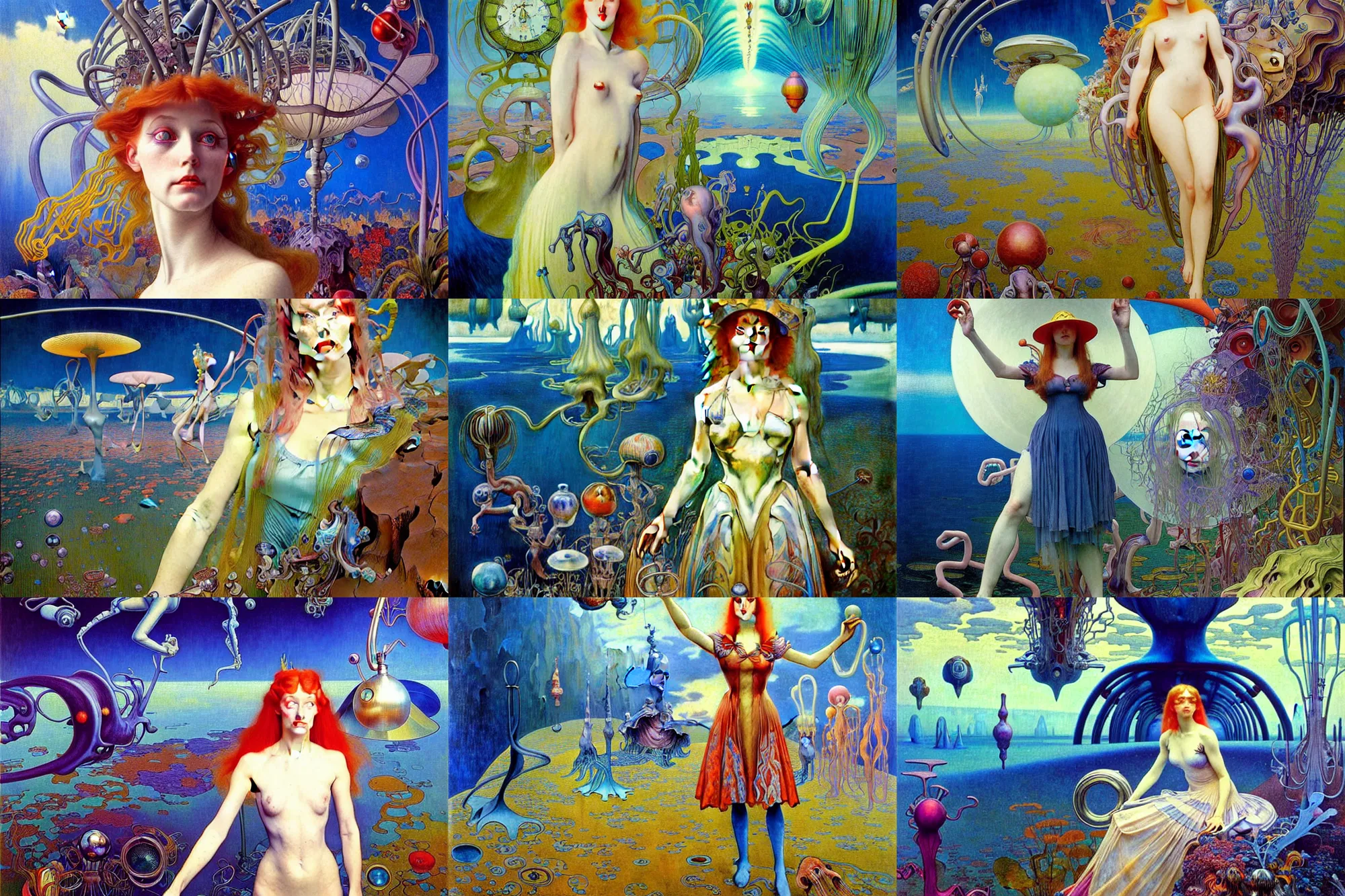 Prompt: realistic extremely detailed portrait painting of an alice in wonderland, futuristic sci-fi landscape on background by Jean Delville, Amano, Yves Tanguy, Ilya Repin, Alphonse Mucha, Ernst Haeckel, Edward Robert Hughes, Roger Dean, rich moody colours, blue eyes