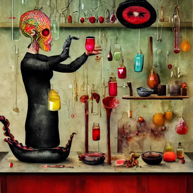 Prompt: uncluttered dark kitchen of an art student, sensual portrait of a female pathologist holding a brain, japanese pottery, scales, tropical houseplants, test tubes, honey dripping from ceiling, berries dripping juice, pancakes, pomegranate, berries, alpaca sculpture, octopus, scientific glassware, neo - expressionism, surrealism, acrylic and spray paint and oilstick on canvas