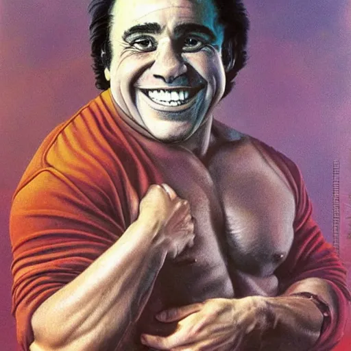 Image similar to portrait of the face of danny devito smiling sly intricate detailed by boris vallejo