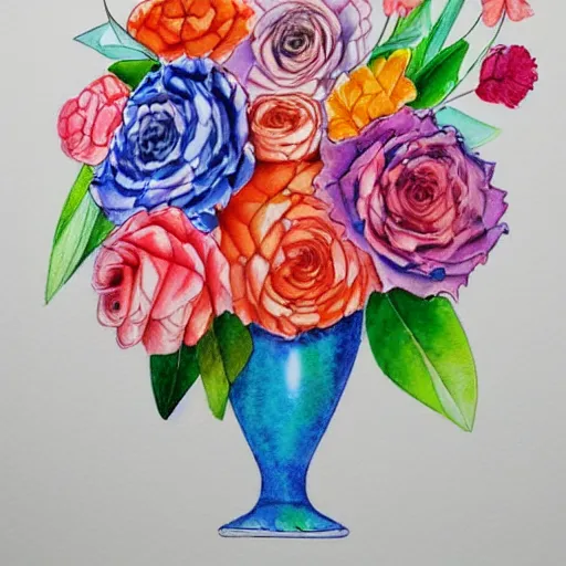 Image similar to a porcelain vase with a colorful and beautiful flower arrangement. very stylize and delicate watercolor and pencil draw + 7 xing. beautiful lighting, 4 k post - processing, trending in art station, cg society, highly detailed, 5 k extremely detailed